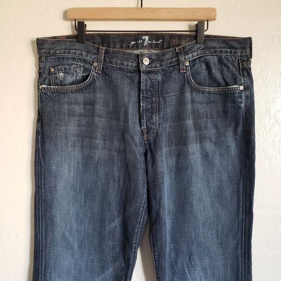 7 For all Mankind Relaxed Straight Button Fly Jeans Blue Sz Men's 40 Made in USA - Picture 2 of 12